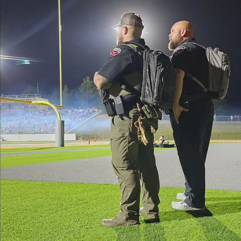 School resource officer on duty carrying a FoldAR in a standard backpack